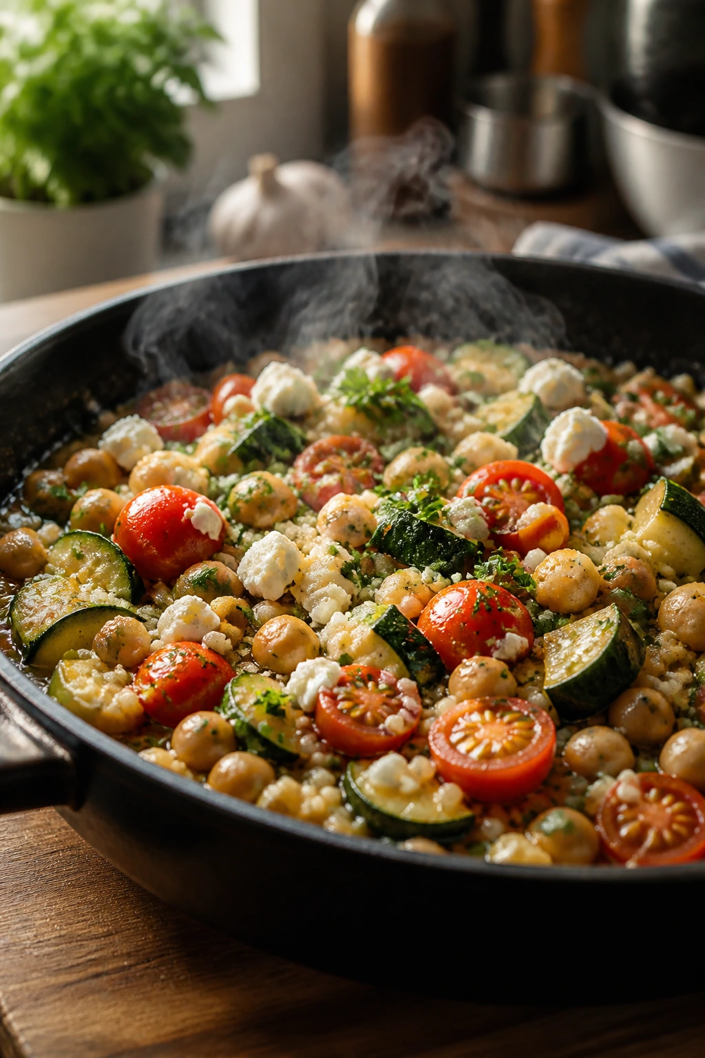Close-up of a garlicky vegetarian skillet featuring chickpeas, couscous, zucchini, tomatoes, feta and parsley
