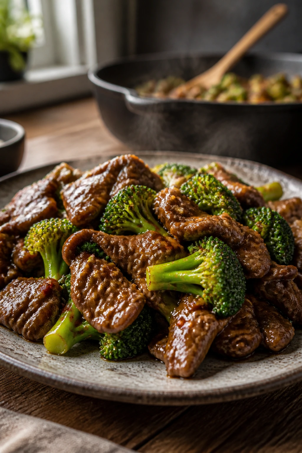 Close-up of beef broccoli with garlic-chili variation, glossy sauce on rustic plate