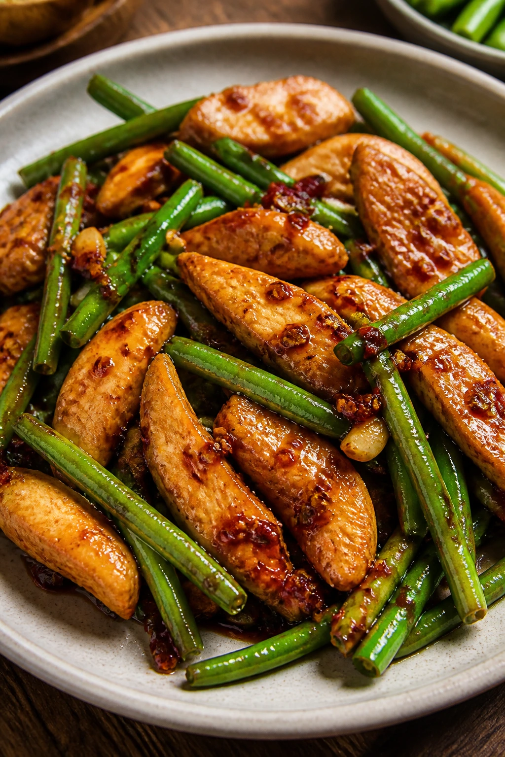 Close-up of garlic chili chicken with green beans