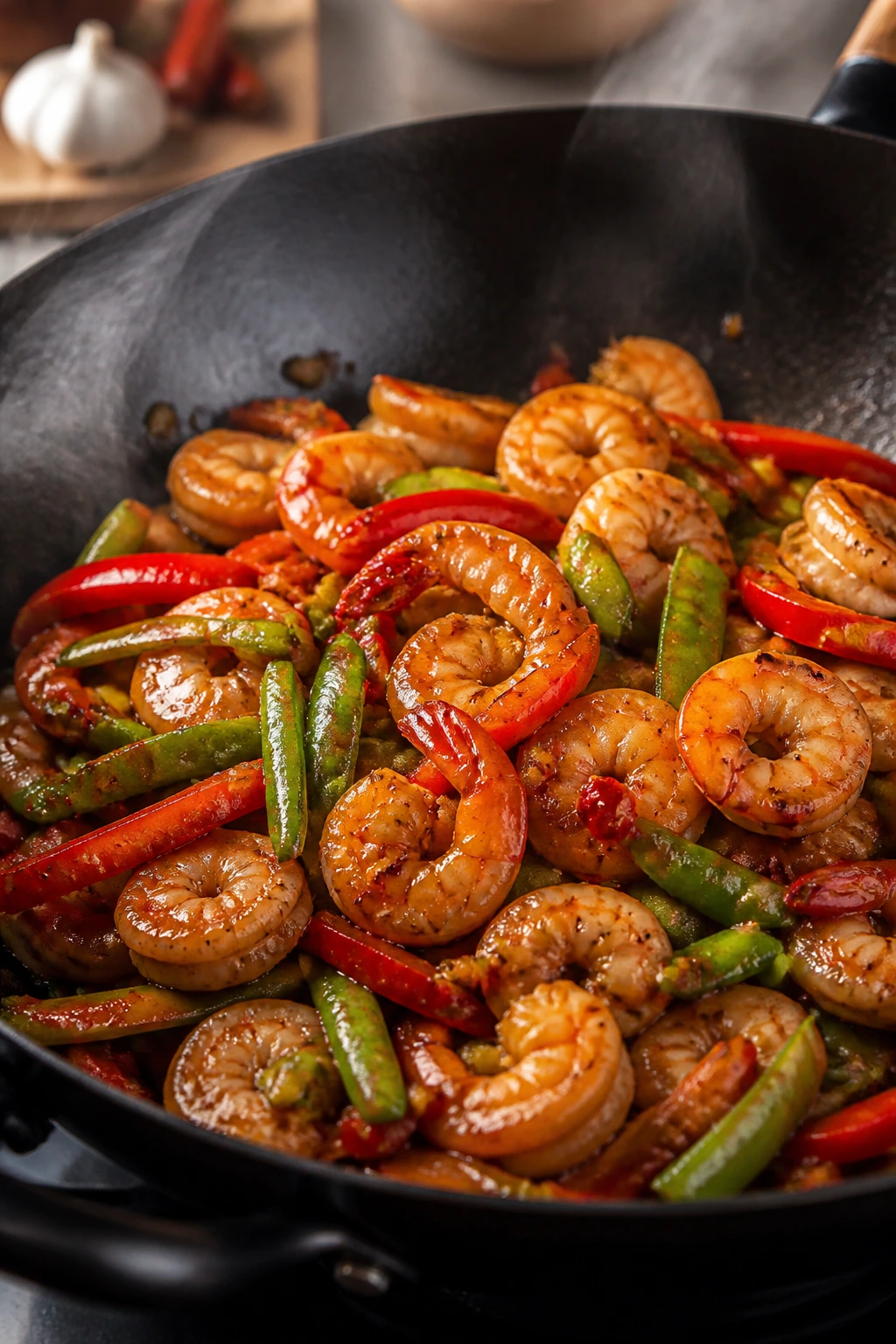 Shrimp stir-fry with garlic and chili in a wok