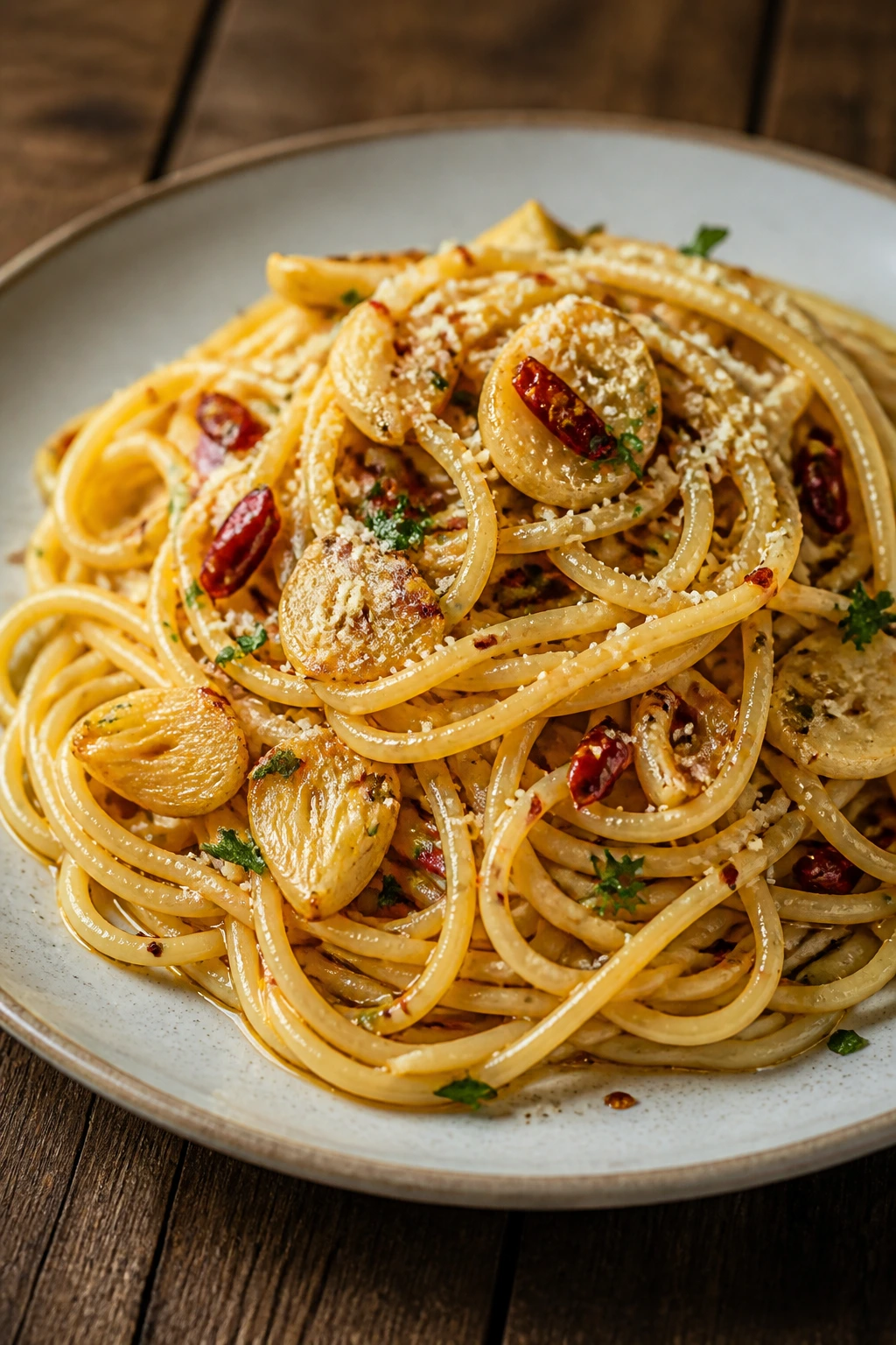 Close-up of garlic chili spaghetti with garlic slices and chili flakes on a rustic plate.