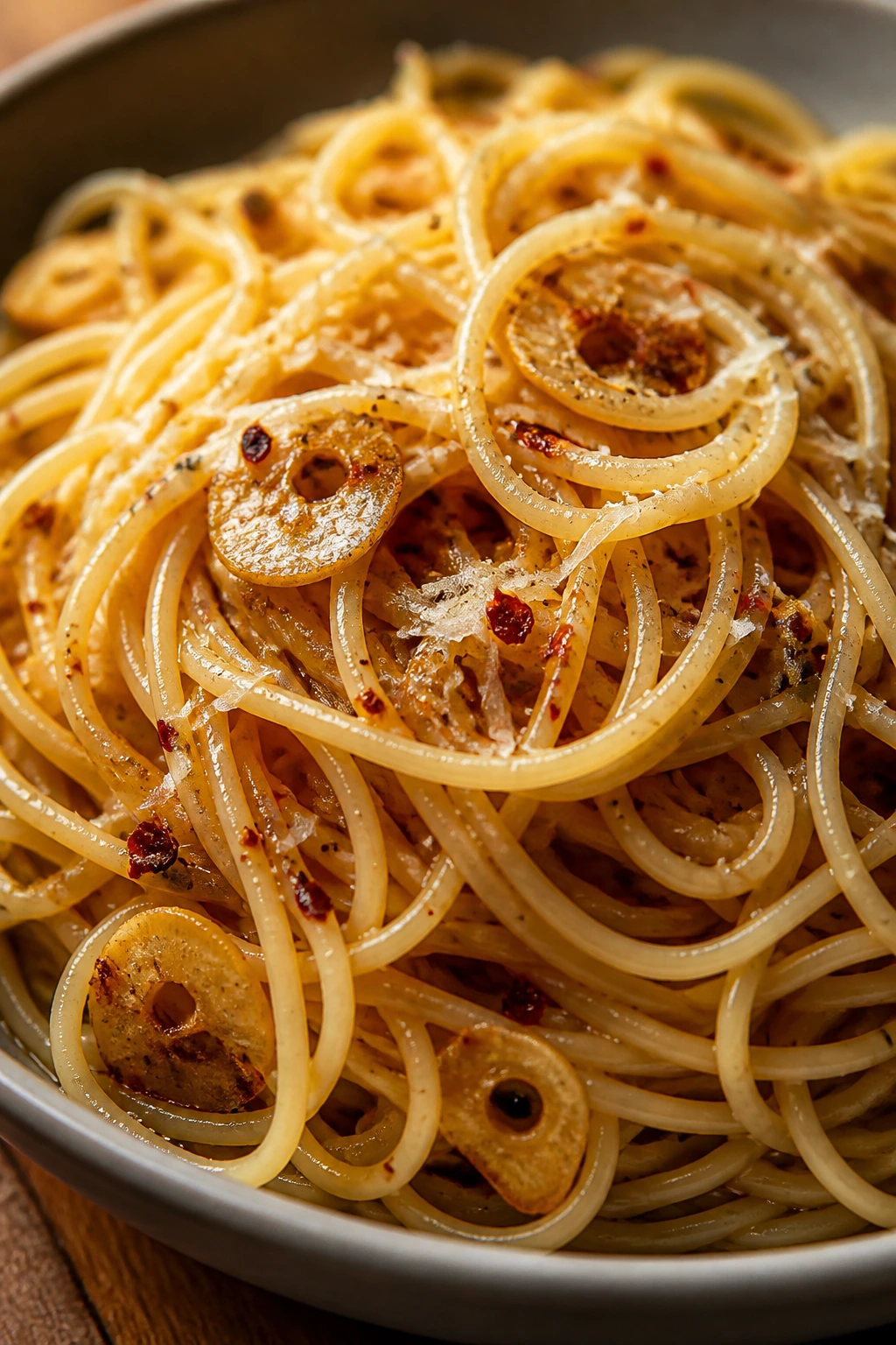 Plate of garlic chili spaghetti with garlic slices and chili flakes.