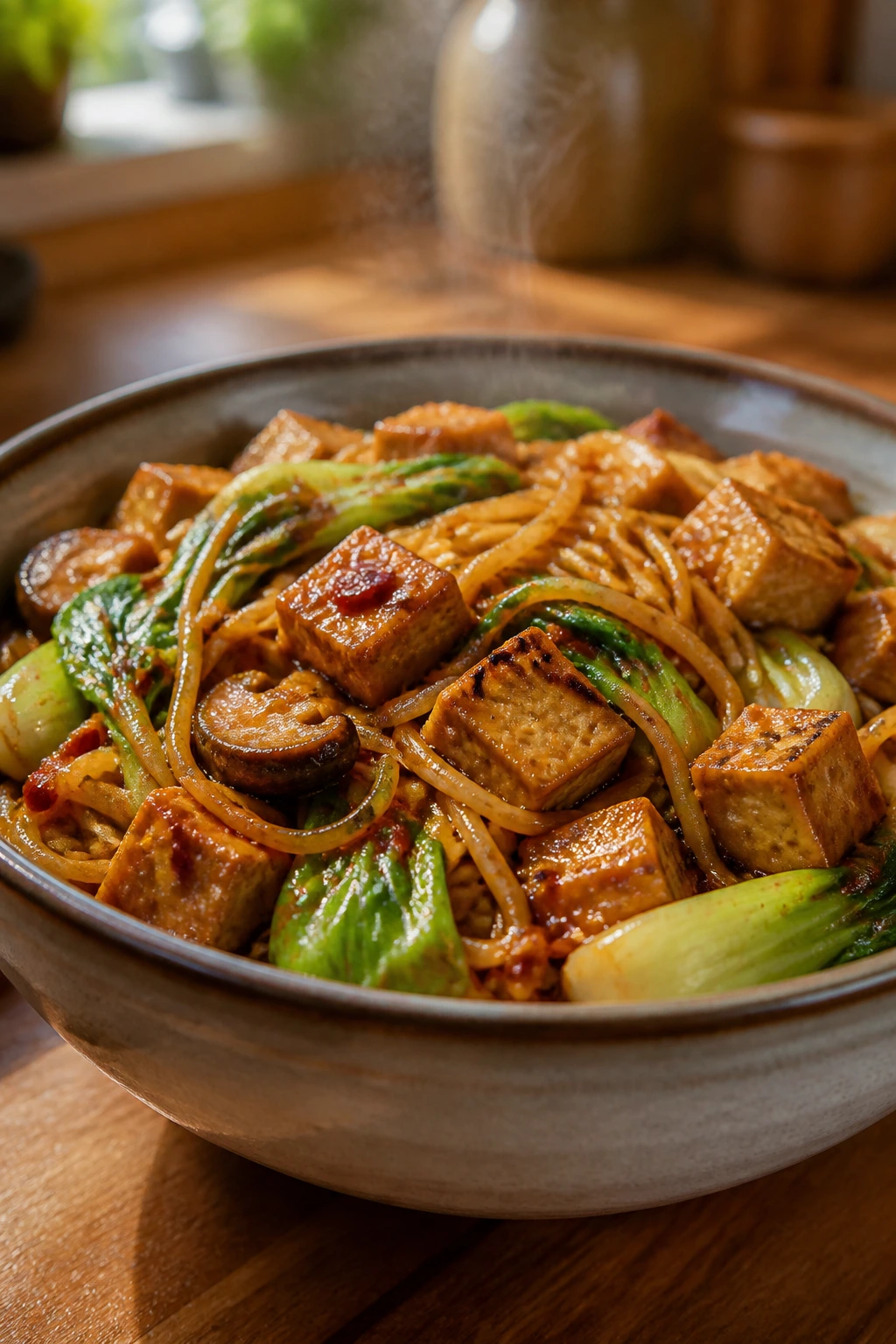 Close-up of Garlic Chili Tofu Lo Mein with tofu, noodles, mushrooms and bok choy in a spicy sauce