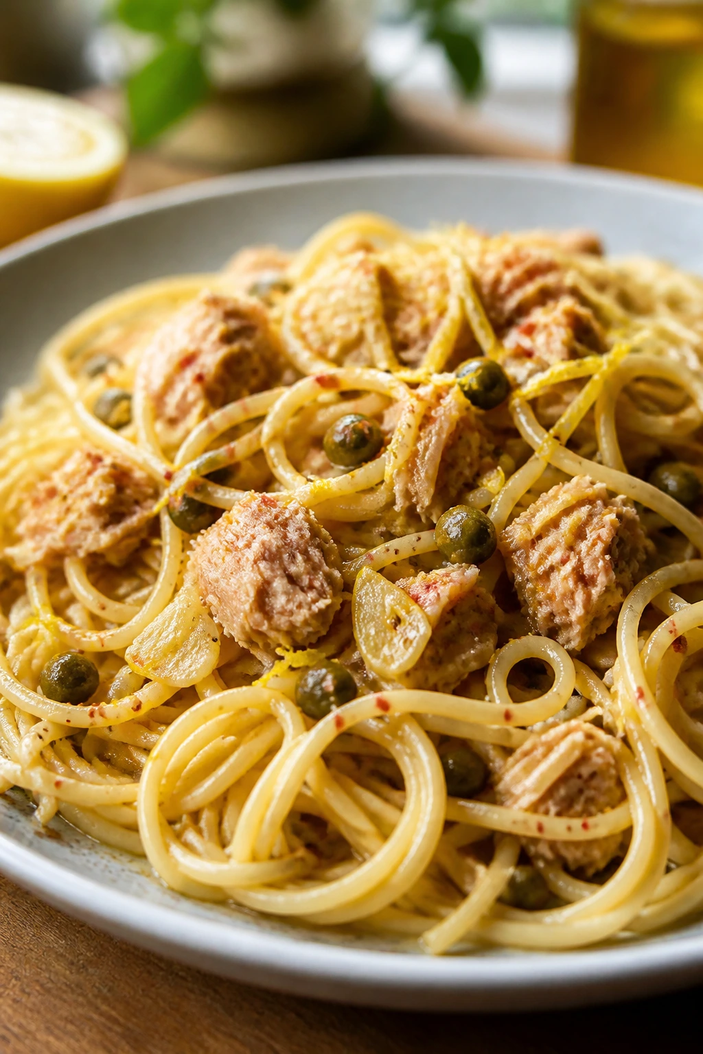 Plate of garlic-chile tuna spaghetti in a warm kitchen setting