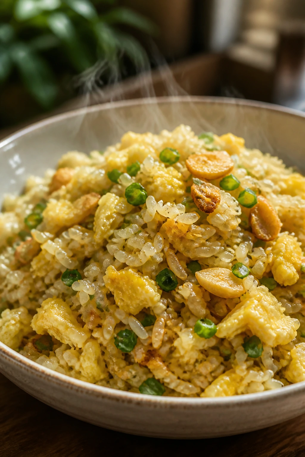 Close-up of garlic egg fried rice in a bowl in a cozy kitchen
