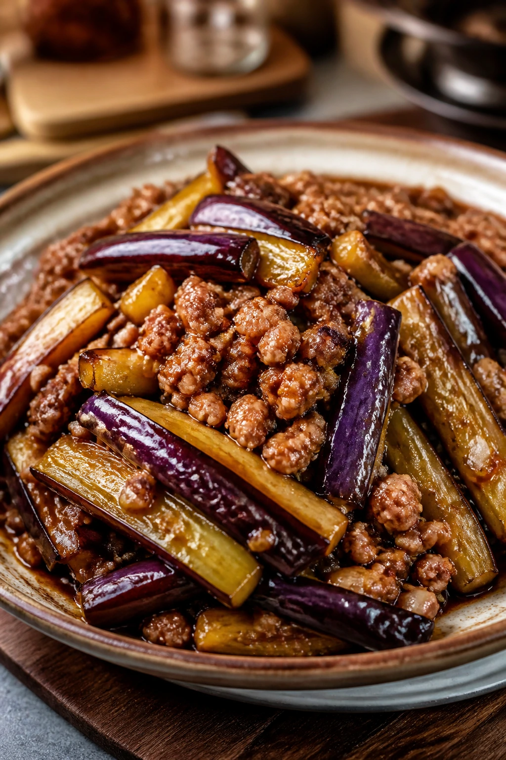 Close-up of garlic eggplant with minced pork on plate