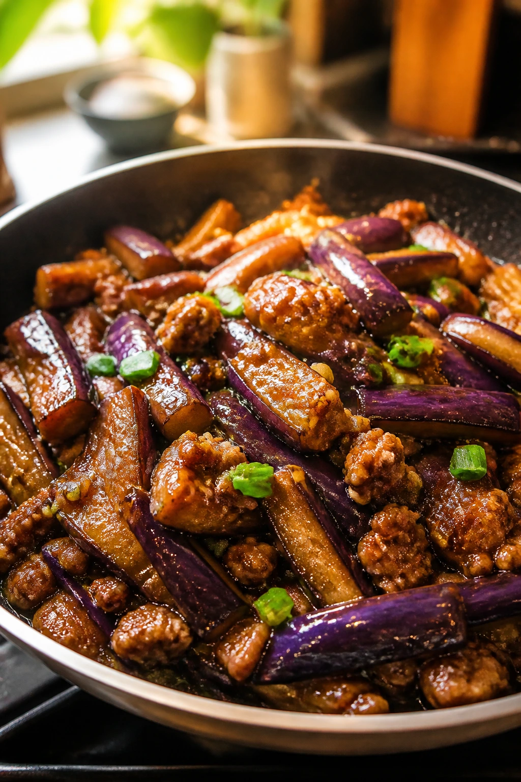 Close-up of silky eggplant and pork in garlic-soy glaze