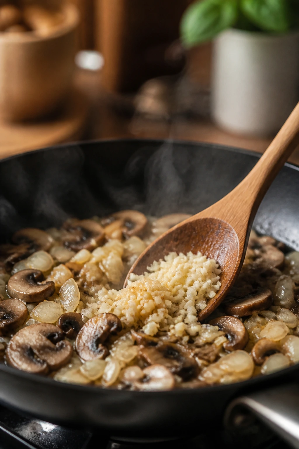 Wooden spoon adding garlic to a pan of vegetables with steam