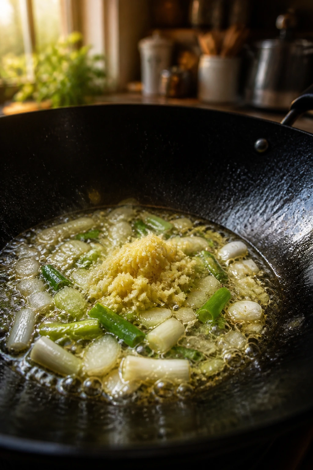 Garlic and ginger sizzling in oil in a hot pan