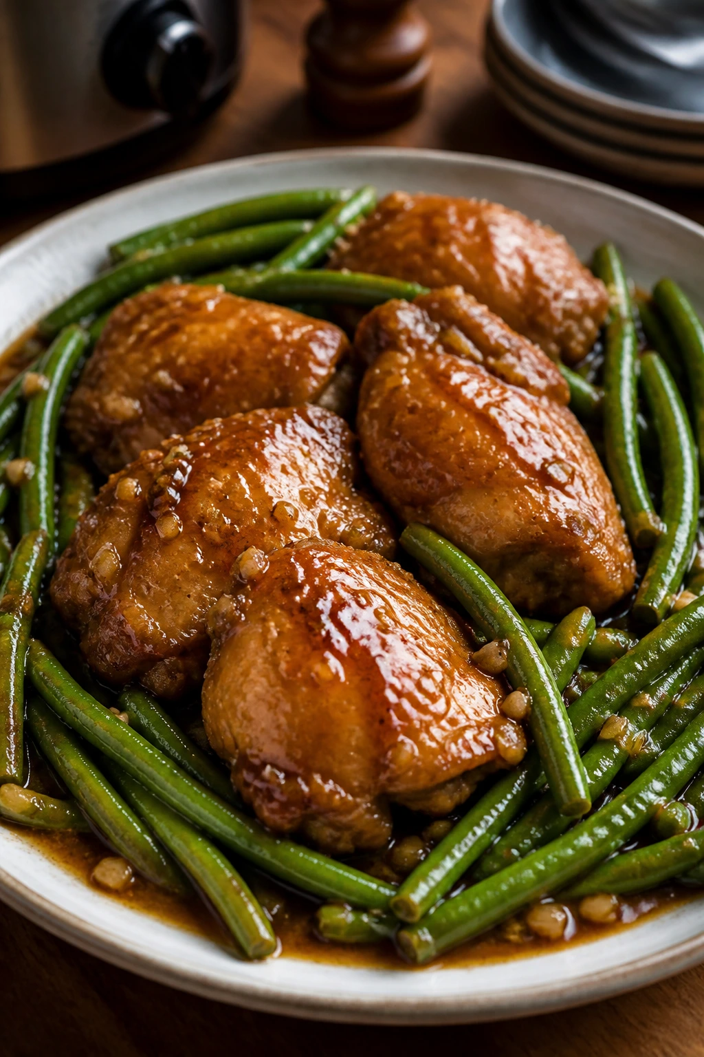 Close-up of garlic ginger chicken with green beans in savory sauce