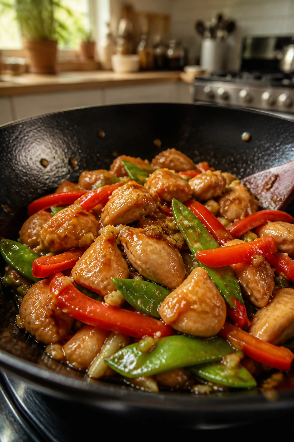Close-up of glossy garlic ginger chicken stir-fry in a wok with vegetables