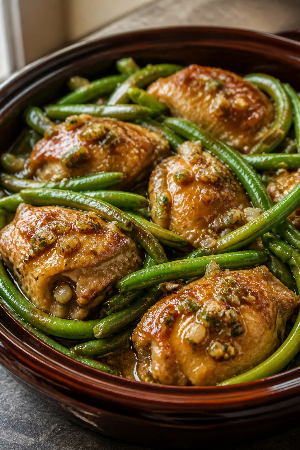 Braised chicken thighs with green beans in garlic-ginger sauce