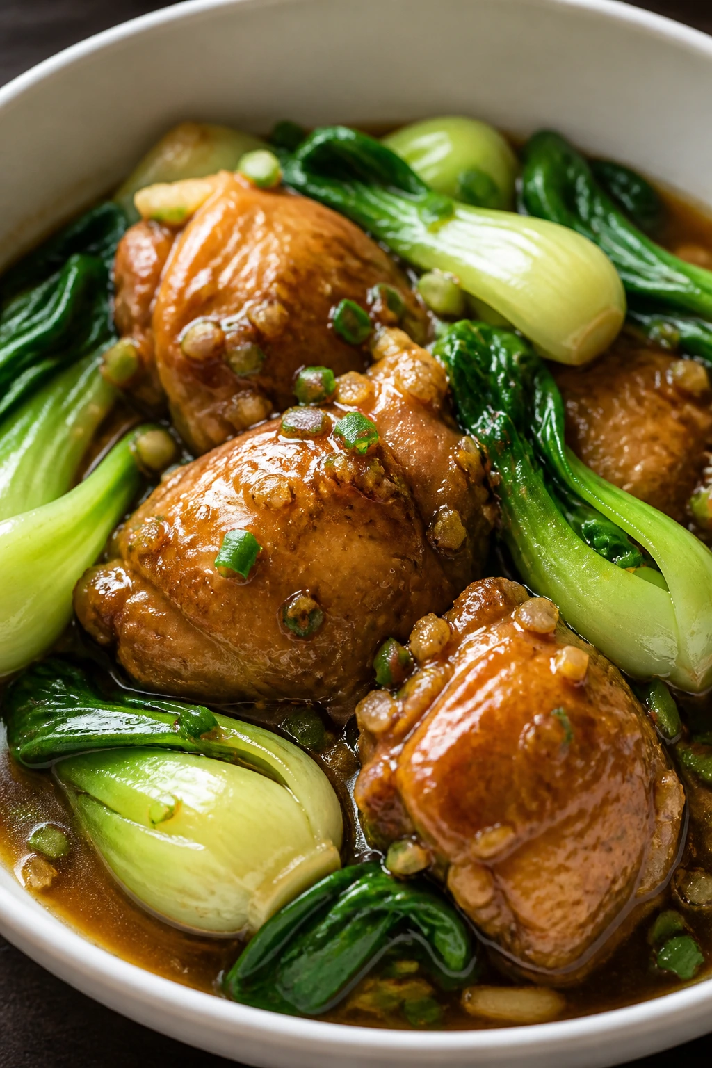 Garlic Ginger Chicken with Bok Choy: braised chicken thighs with bok choy in a savory broth.