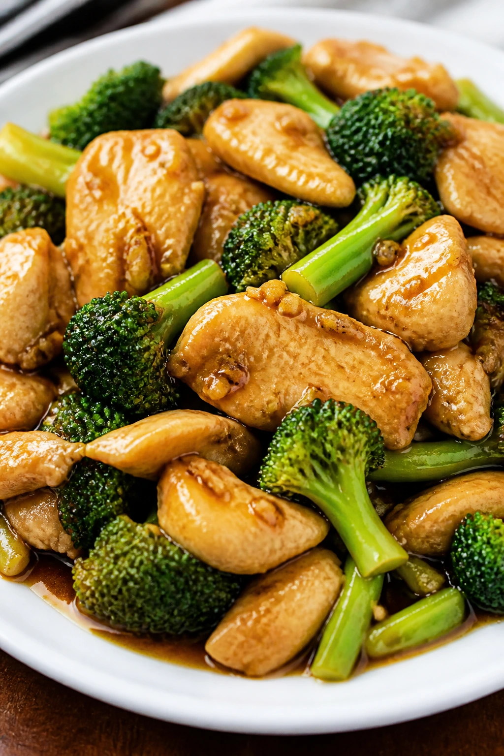Glossy garlic-ginger chicken and broccoli stir-fry plated on white plate