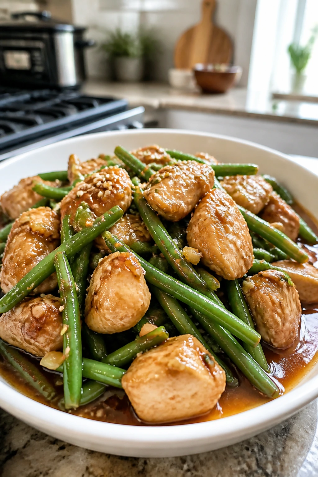 Close-up Garlic Ginger Chicken and Green Beans in a glossy sauce
