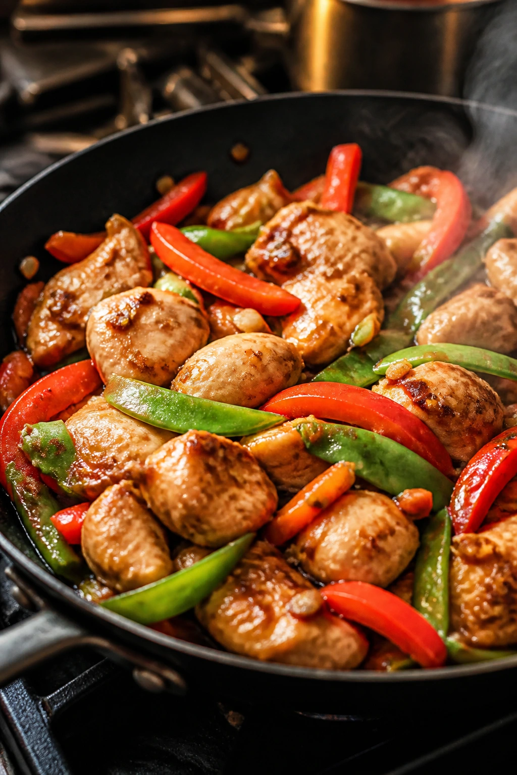 Close-up of garlic ginger chicken stir-fry with snap peas and bell pepper in a hot skillet