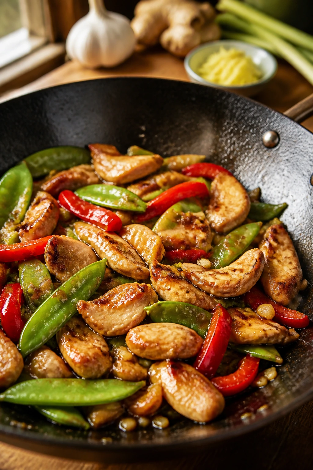 Close-up of garlic ginger chicken stir fry with snap peas and red peppers in a hot wok