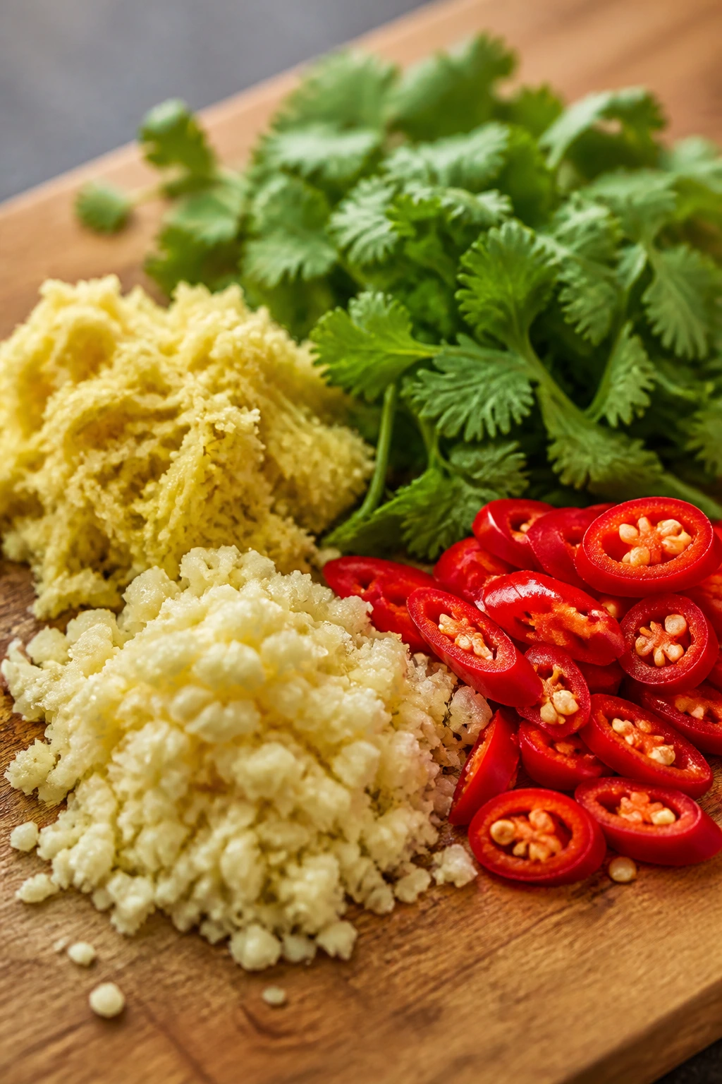 Aromatics garlic ginger chilies coriander on cutting board
