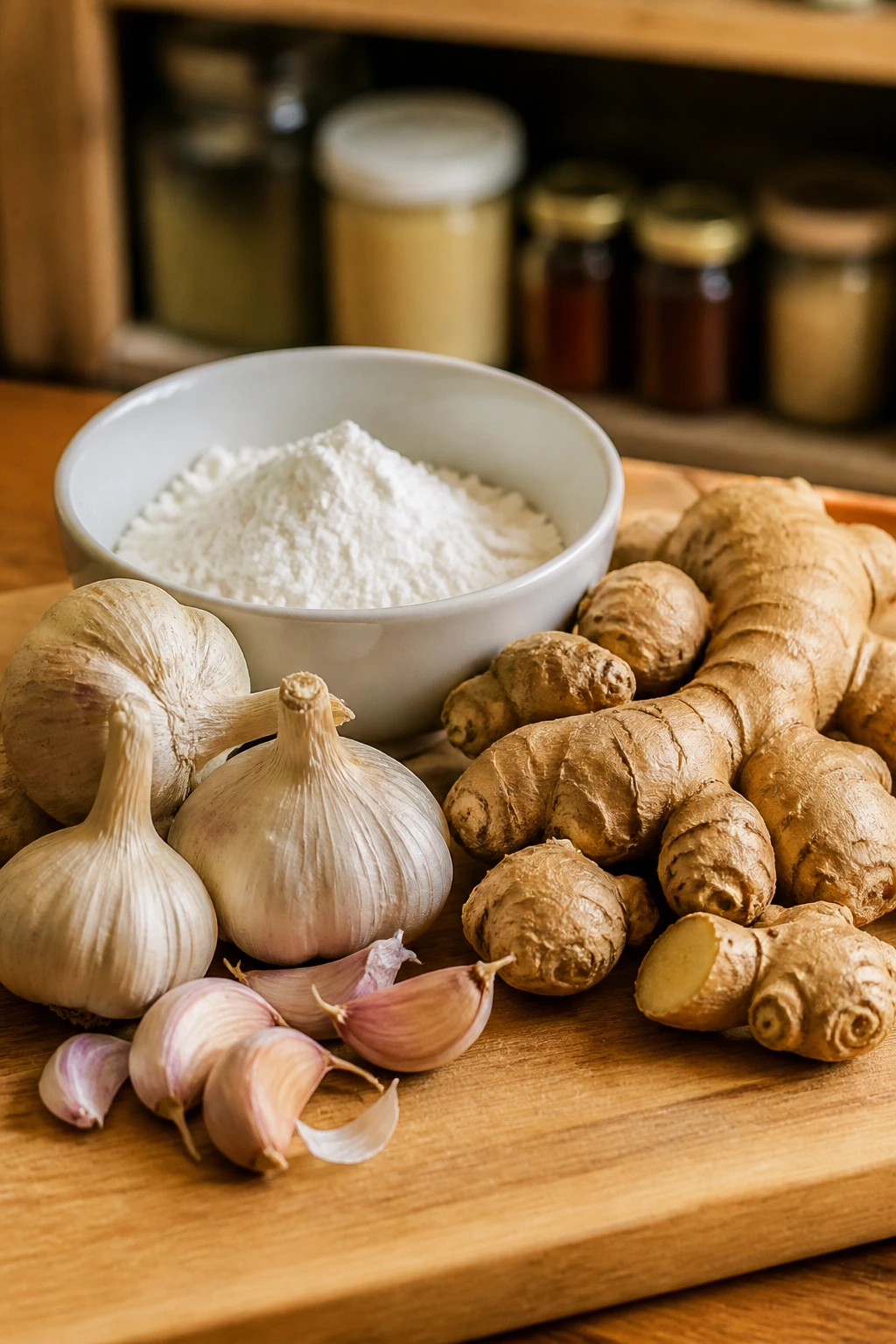 Garlic, ginger, and cornstarch on a cutting board in a warm kitchen