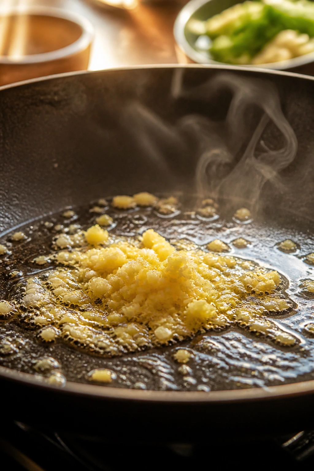 Garlic and ginger sizzling in hot oil in a pan