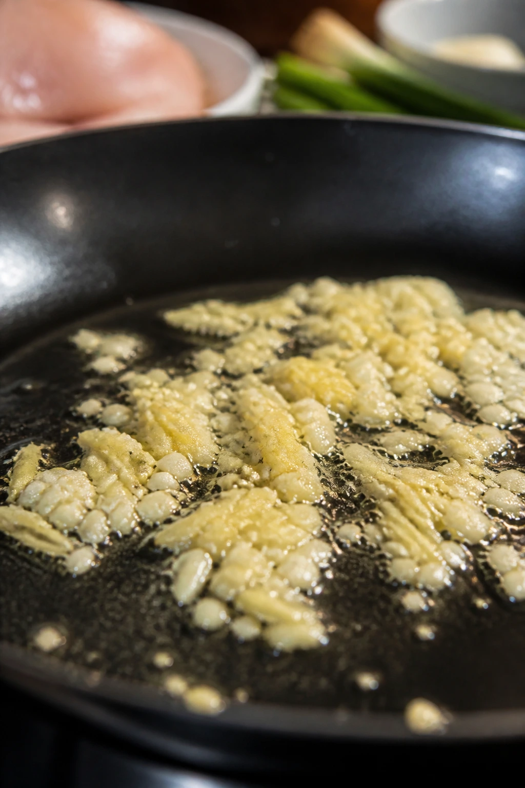 Garlic and ginger sizzling in a pan for teriyaki flavor