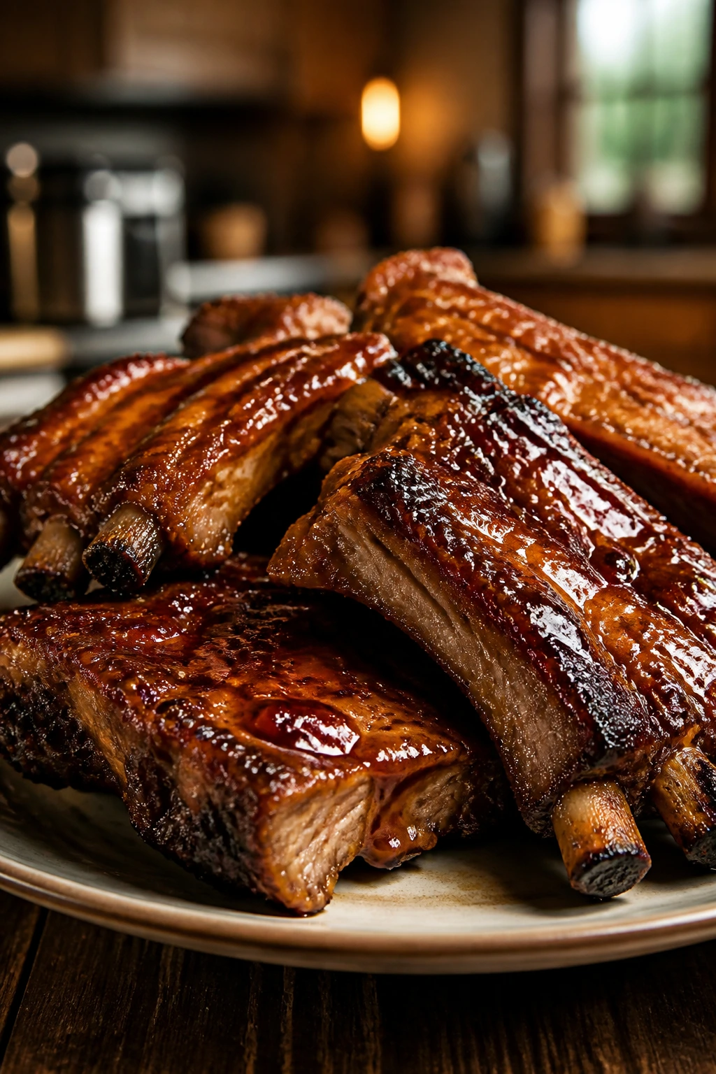Sticky garlic ginger pork ribs on a plate with glaze