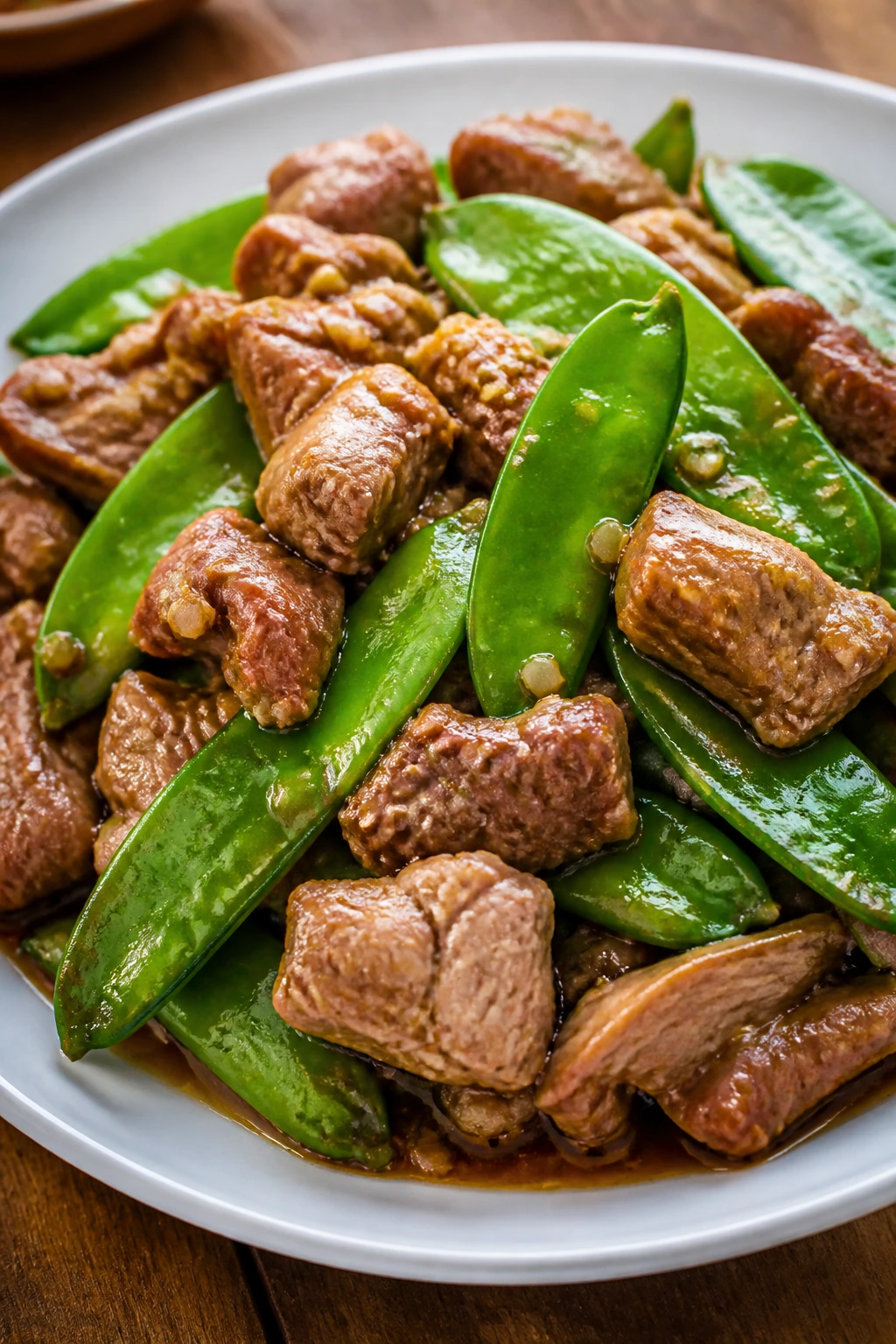 Close-up of pork with snow peas in garlic-ginger sauce.