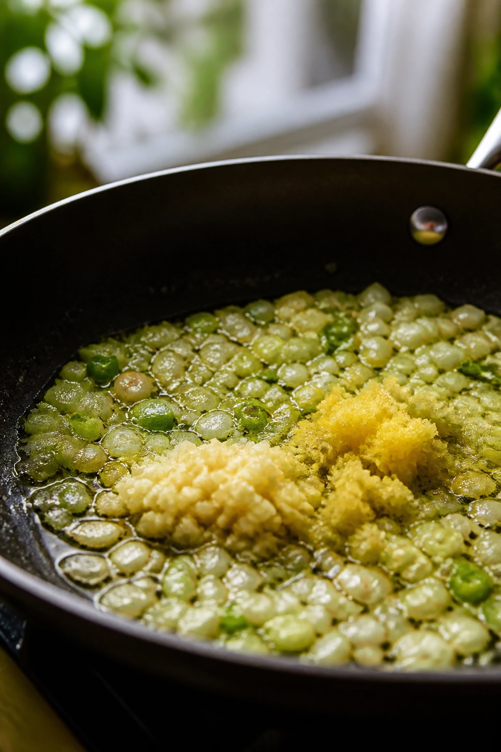 Aromatics sizzling in oil: garlic, ginger, scallion whites