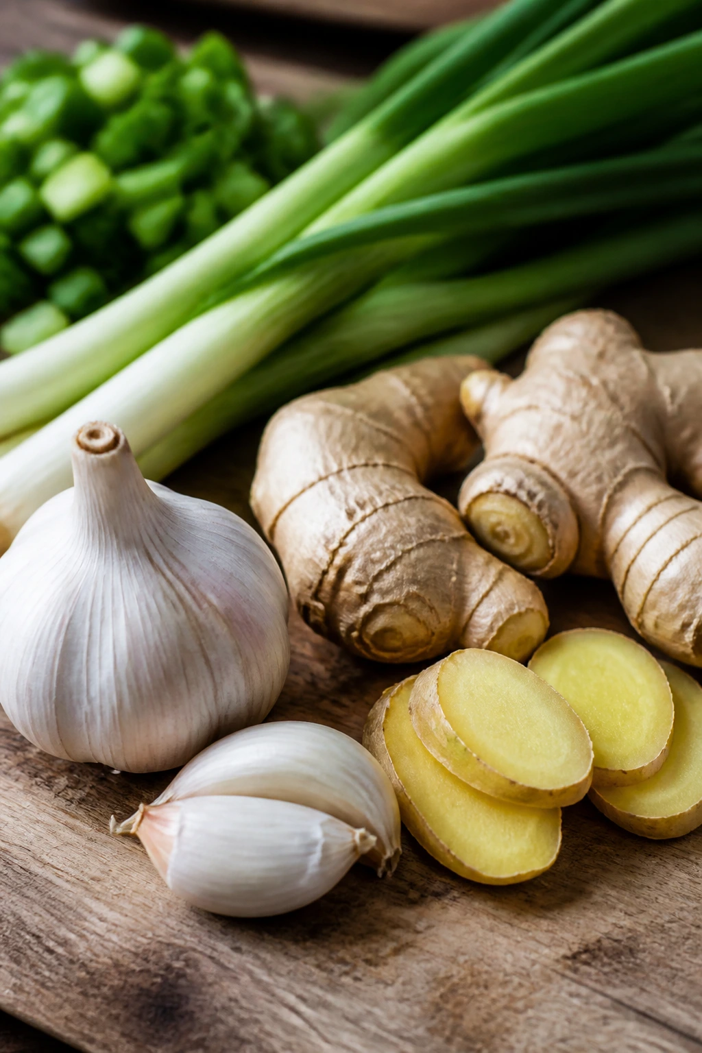 Close-up of fresh garlic, ginger, and scallions arranged on a wooden board.