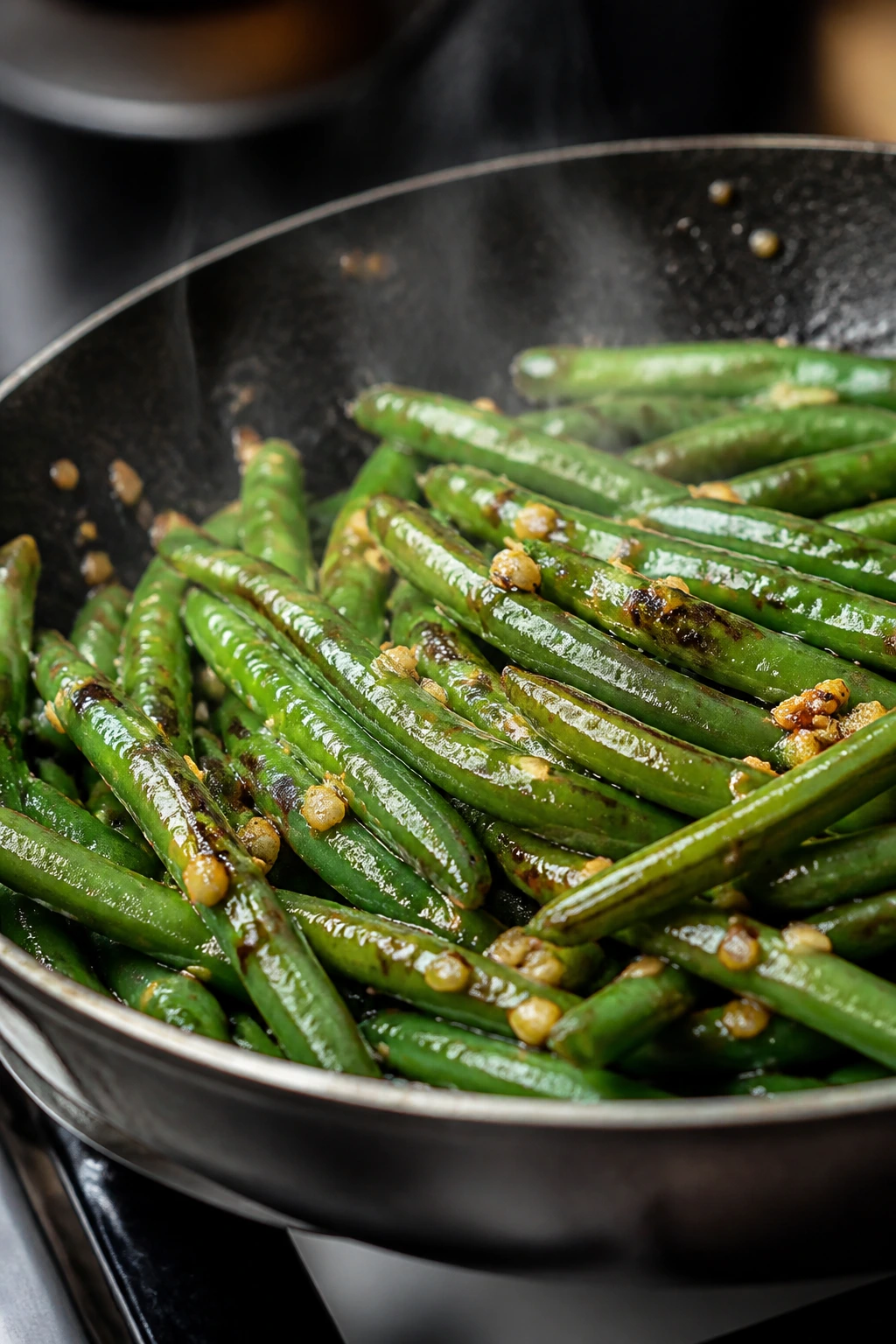 Close-up of blistered garlic green beans in a hot skillet