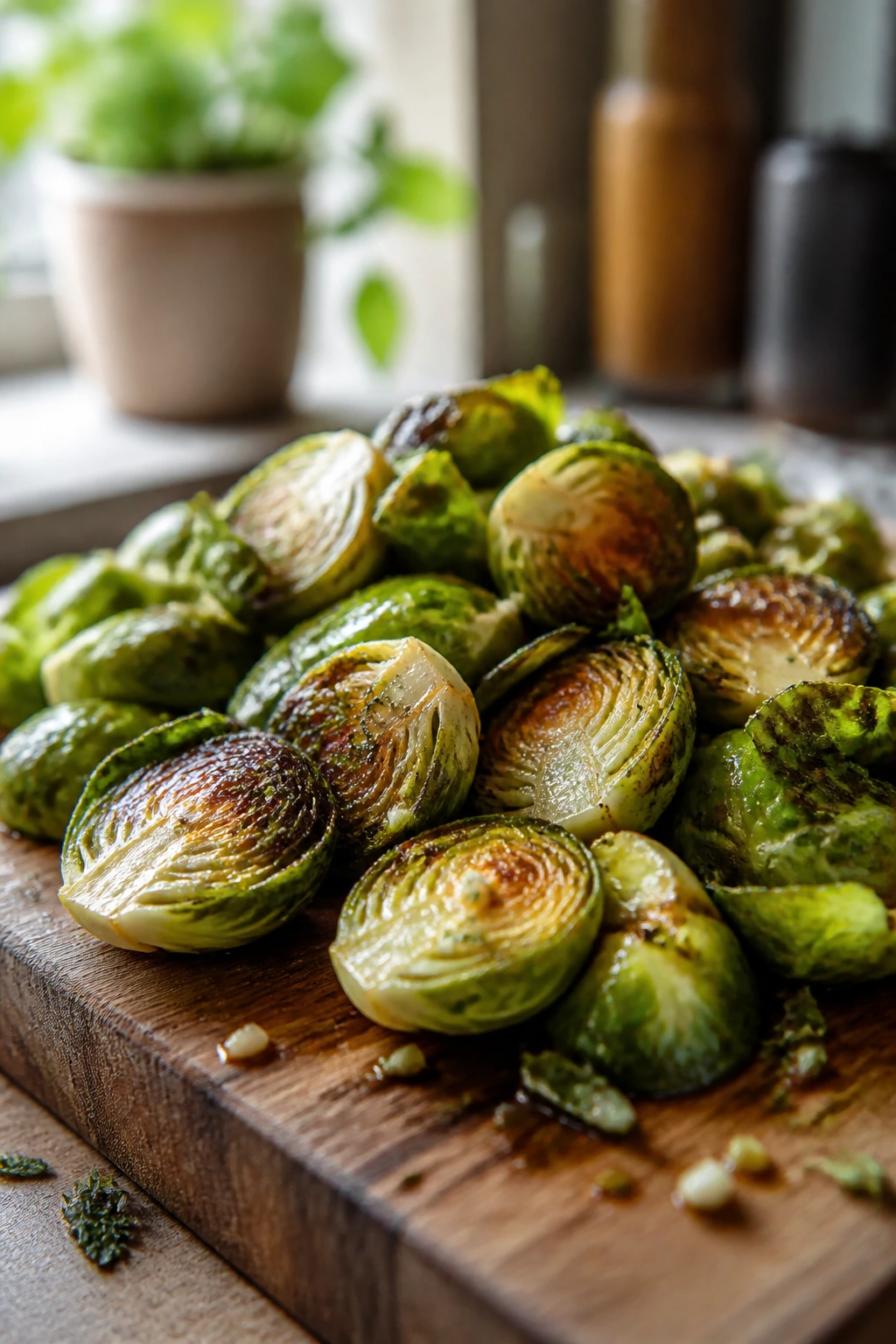 Close-up of garlic-herb Brussels sprouts on a wooden board