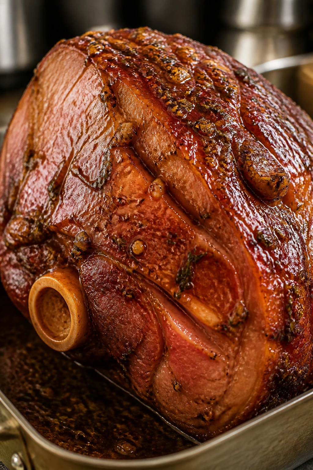 Bone-in ham with glossy glaze and garlic herb specks