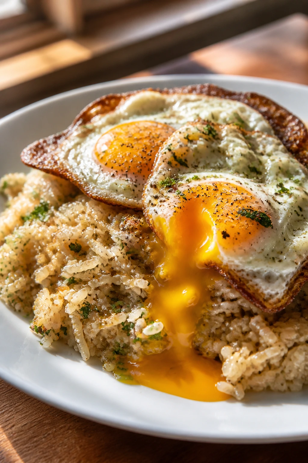 Close-up of garlic herb rice with crispy eggs on a warm kitchen plate