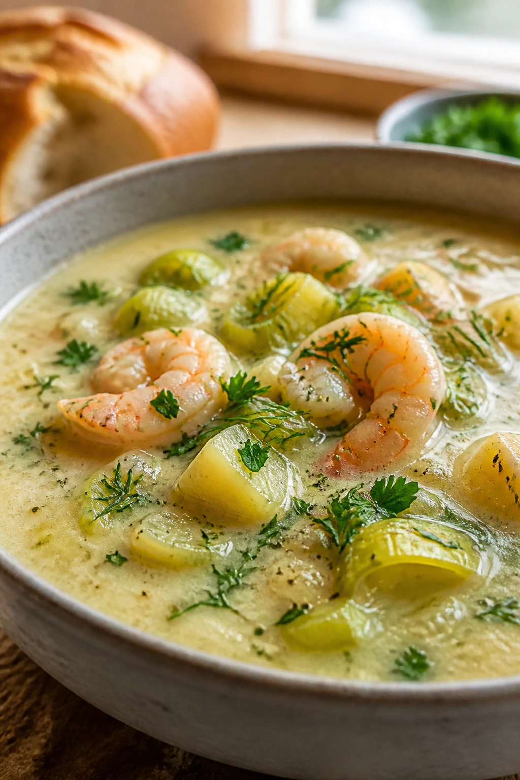 Creamy garlic herb shrimp soup with potatoes and herbs in a bowl