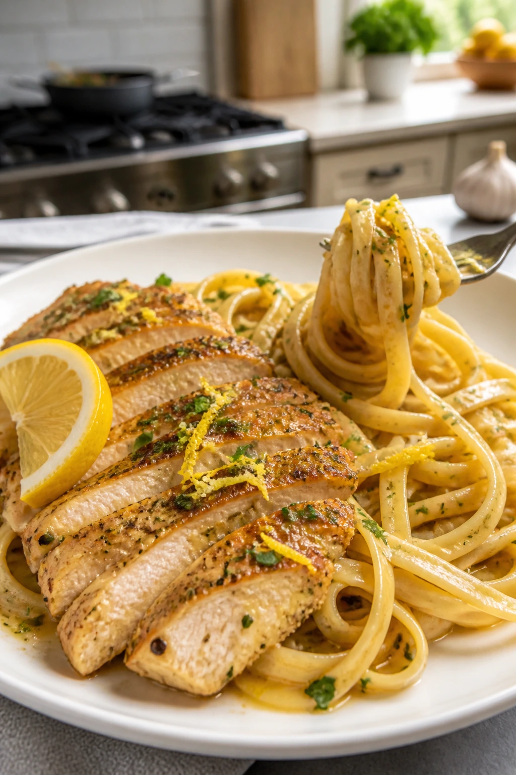 Plate of garlic lemon chicken with pasta, ready for a fast 30-minute dinner