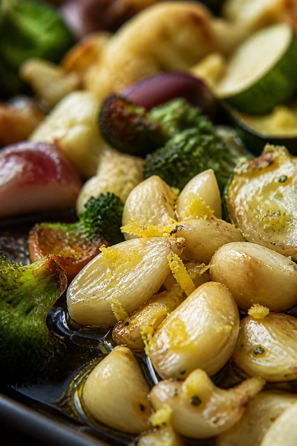 Garlic in olive oil with lemon zest among roasted vegetables