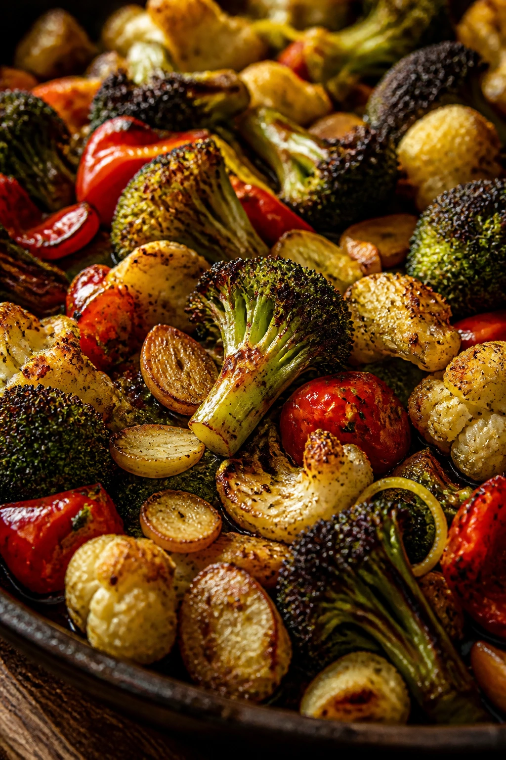 Close-up of garlic and lemon infused roasted vegetables with crisp edges