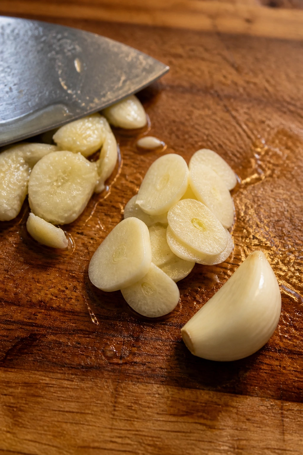 Garlic cloves in smashed, sliced, and whole forms on a cutting board