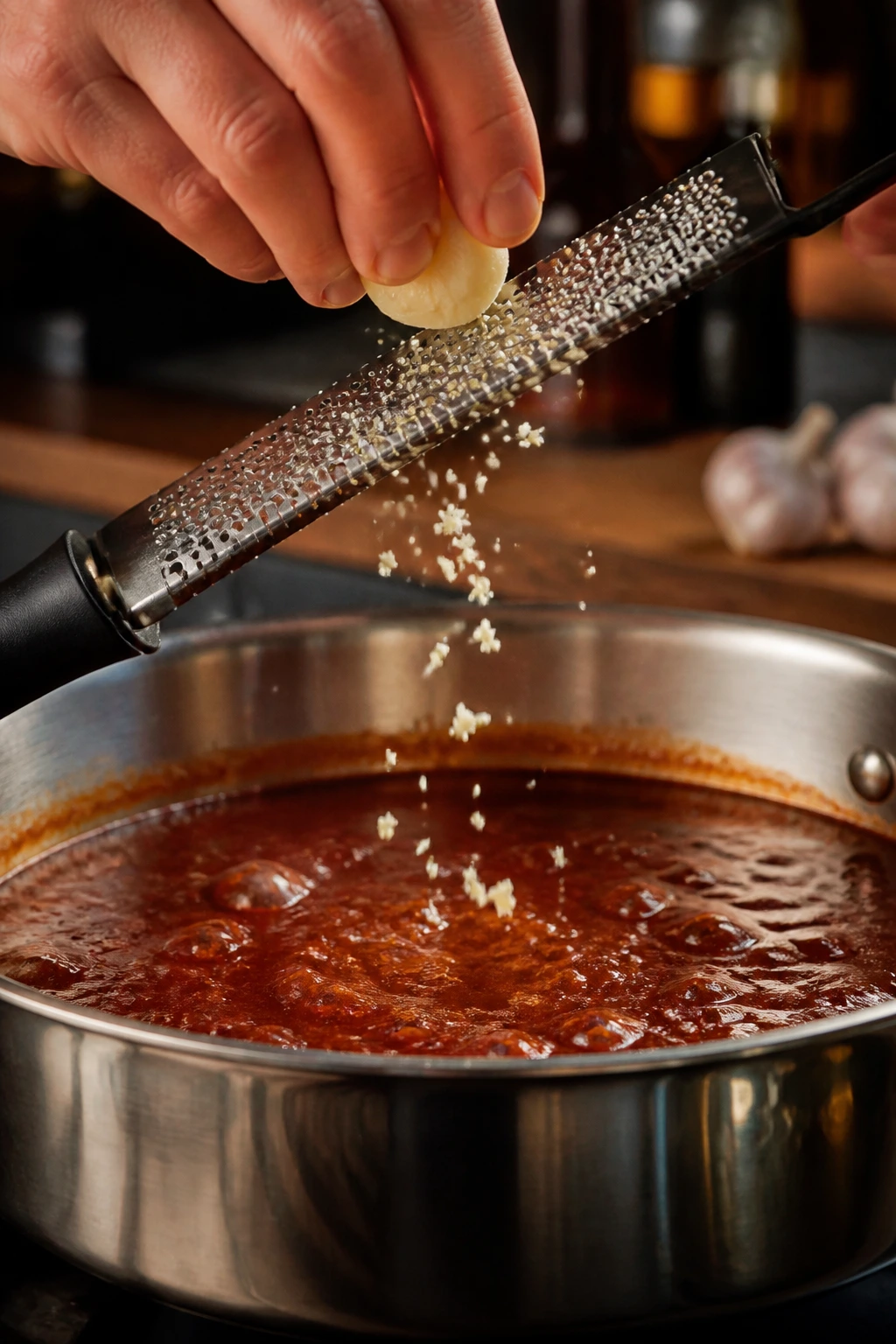 Hand grating garlic into simmering BBQ sauce in a stainless pan