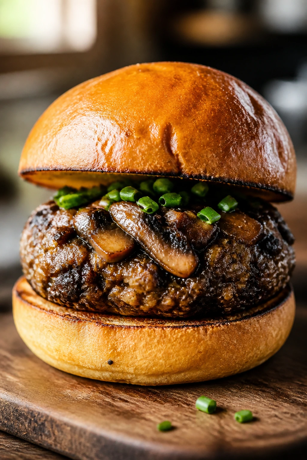 Close-up of Garlic Miso Mushroom Slider with miso glaze on rustic board