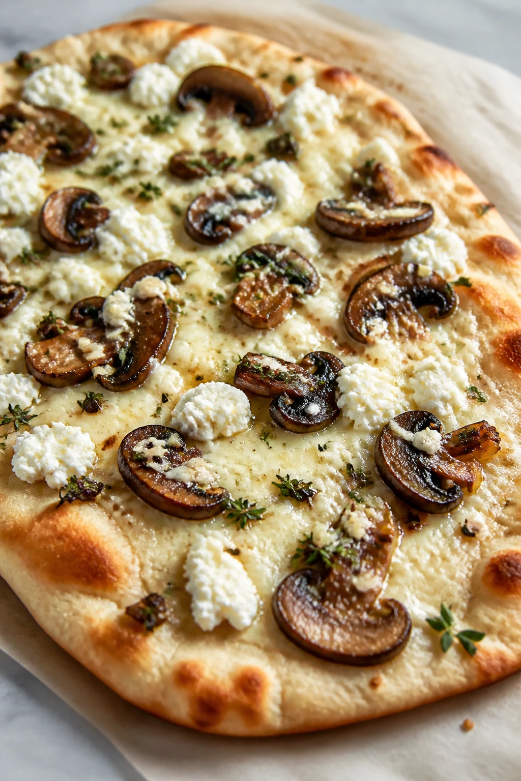 Garlic mushroom white pizza on naan with ricotta and thyme
