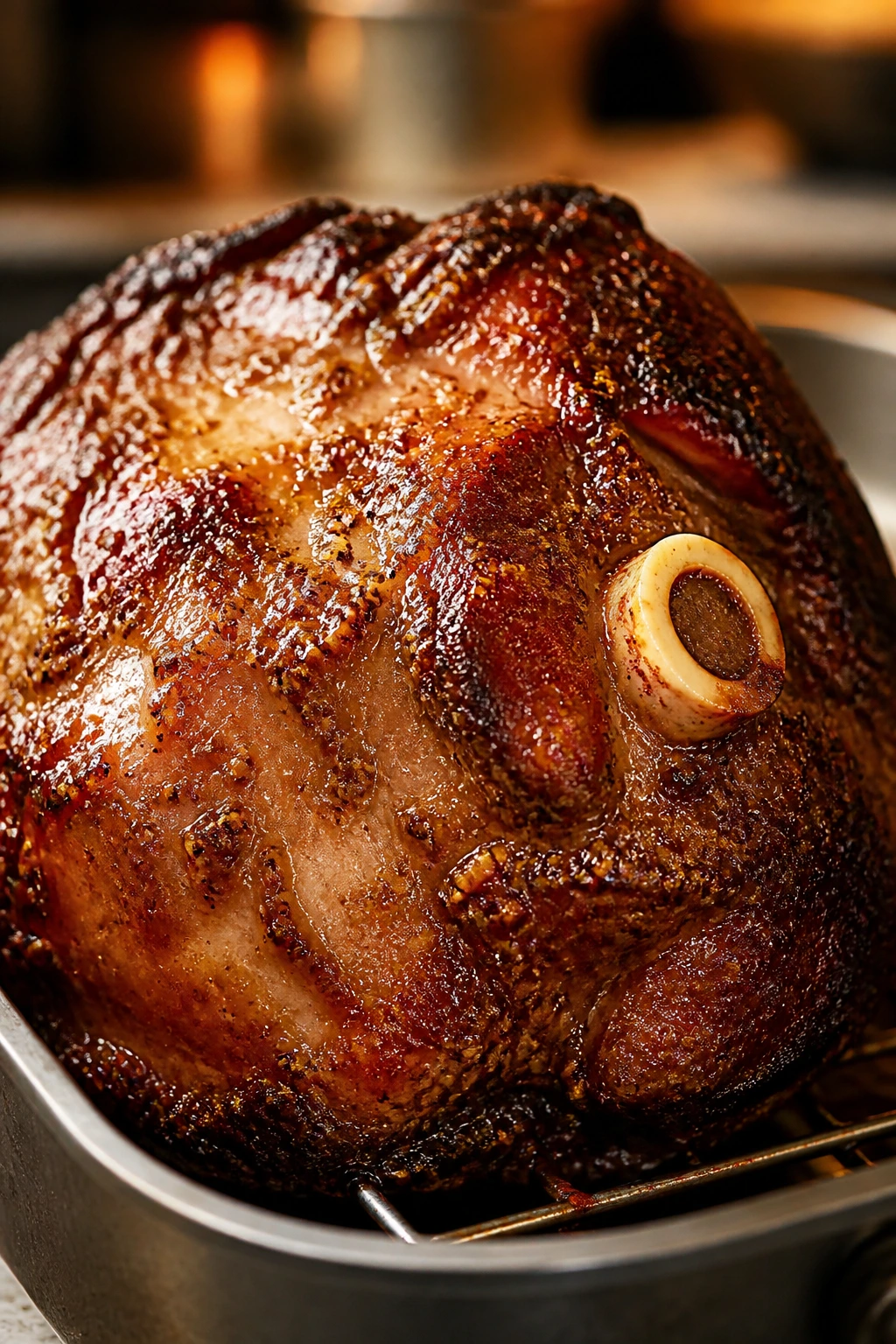 Close-up of ham coated with garlic mustard bacon glaze