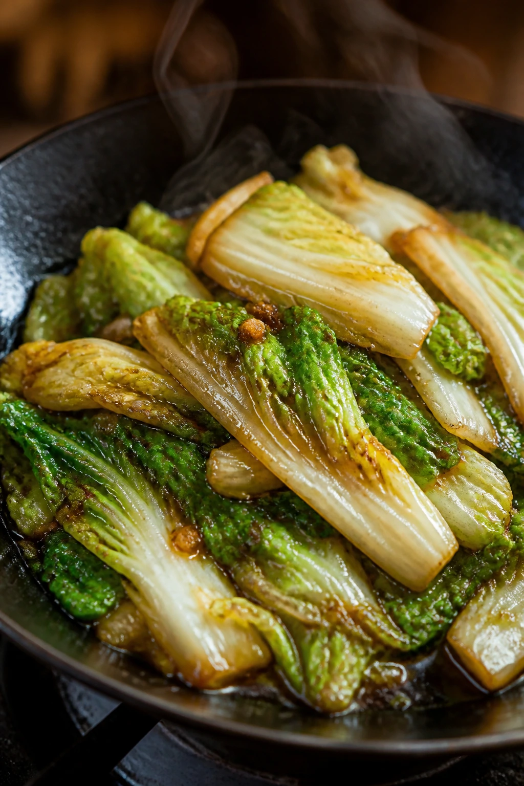 Glossy napa cabbage stir-fry in a hot skillet