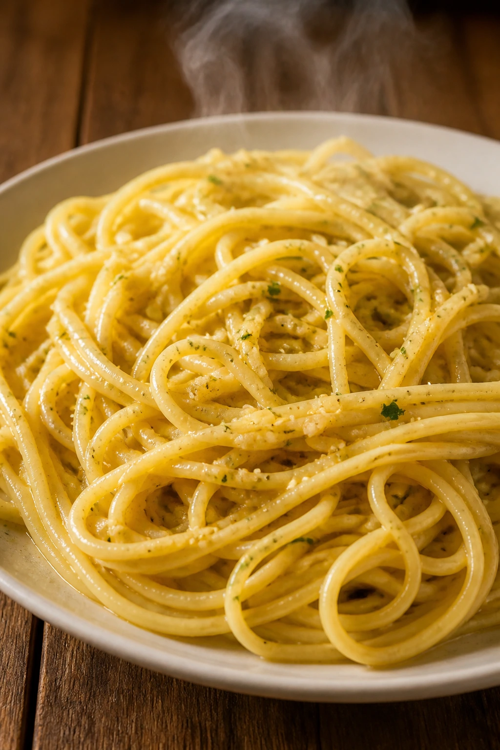 Glossy buttery garlic noodles on a plate