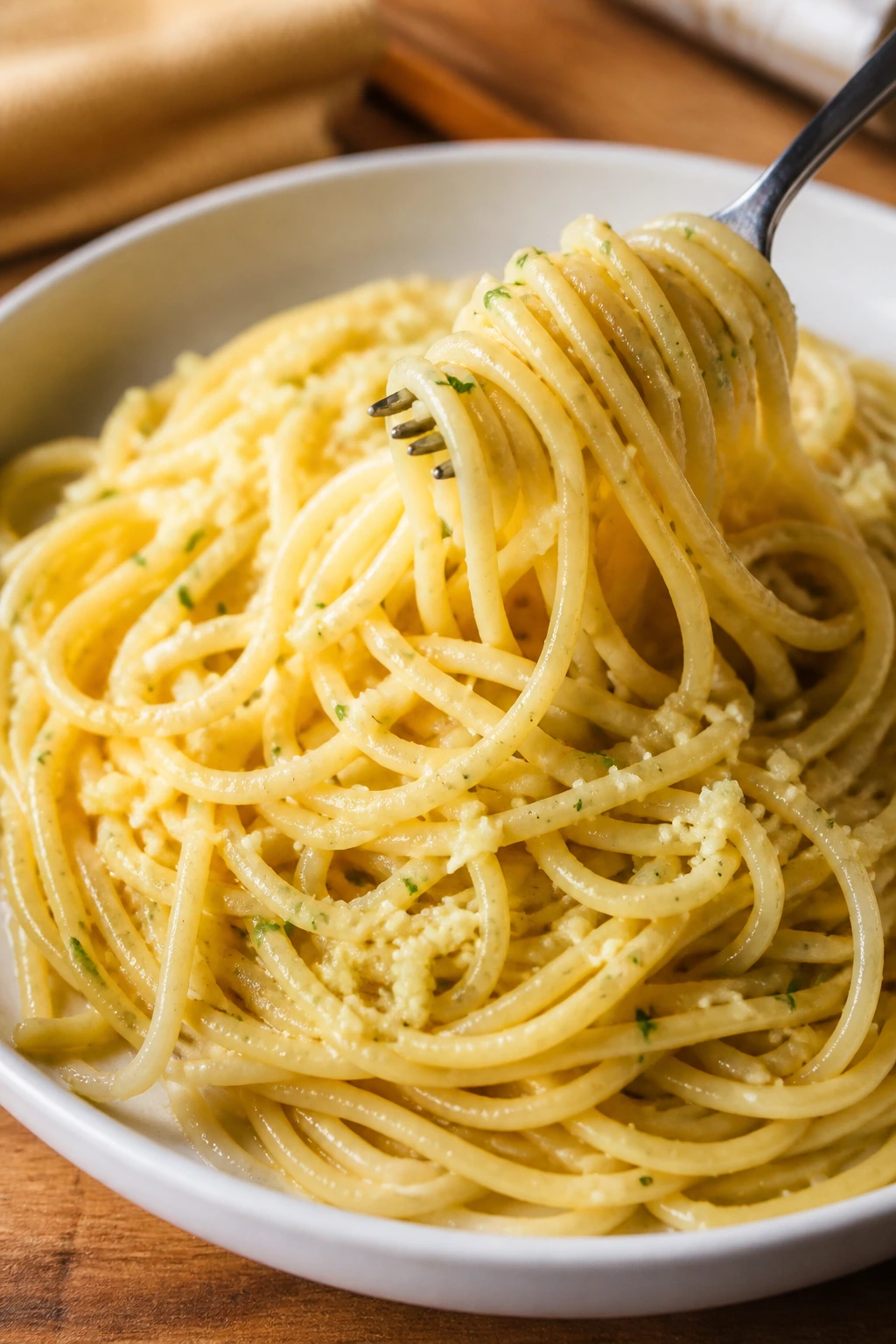 Butter-garlic pasta with a shiny glaze on a plate