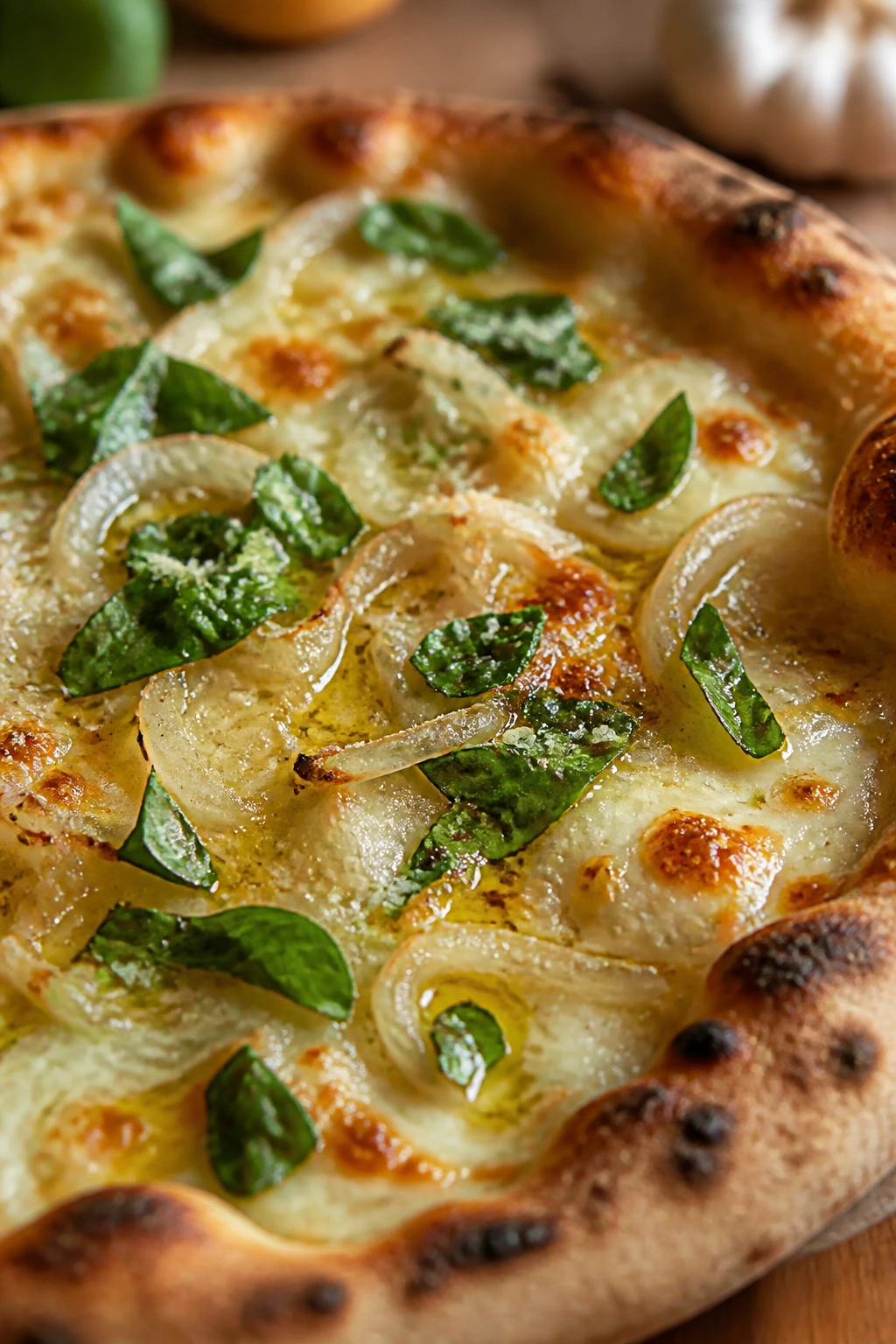 Garlicky pizza with garlic oil drizzle and basil