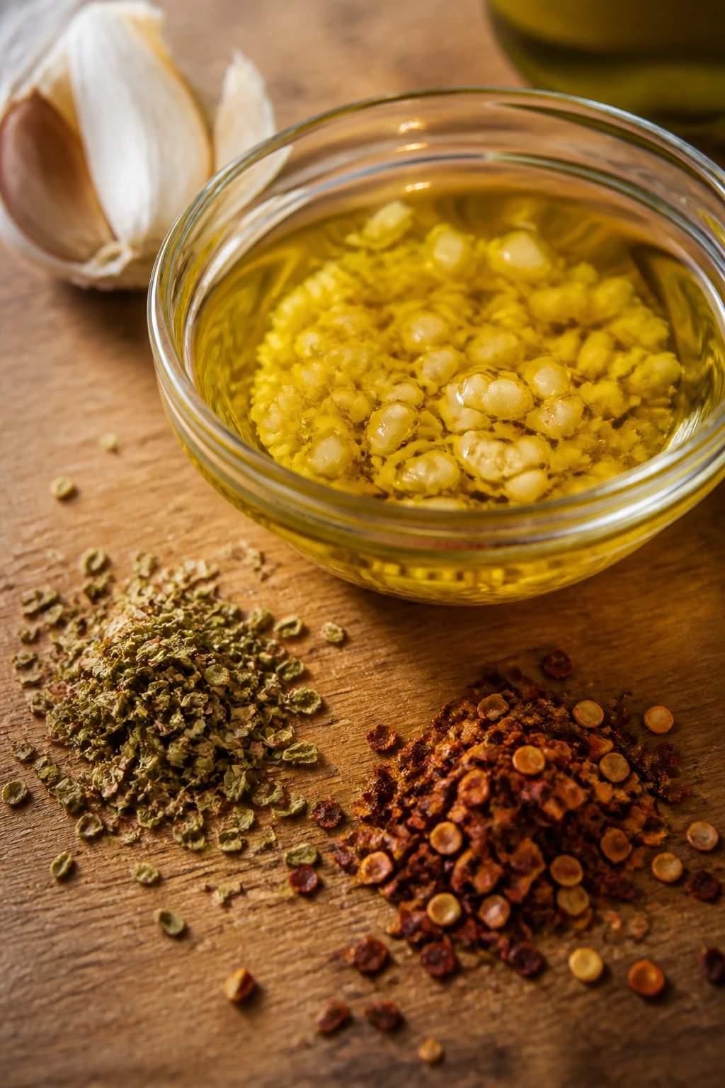 Still life of garlic oil ingredients on a wooden board