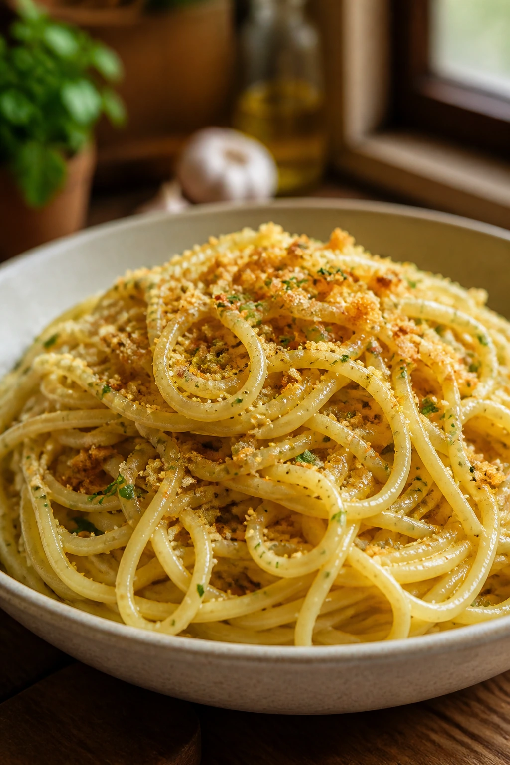 Glossy garlic oil pasta with toasted breadcrumbs in a bowl