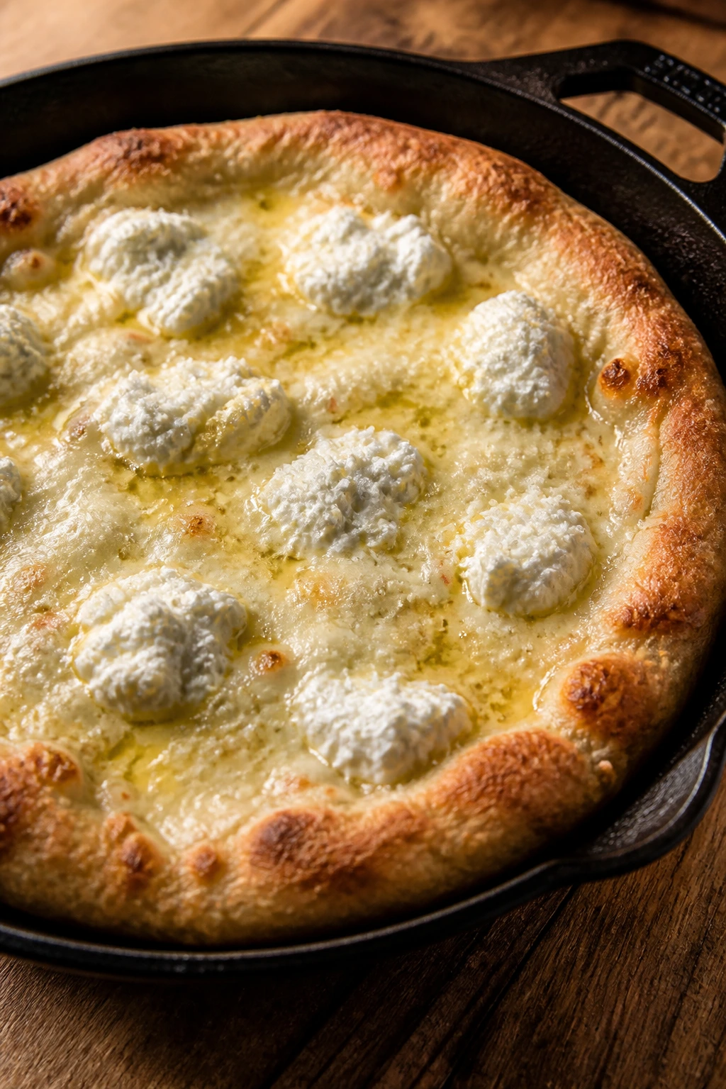 Close-up of a rustic skillet pizza with ricotta, mozzarella, and parmesan during the first bake
