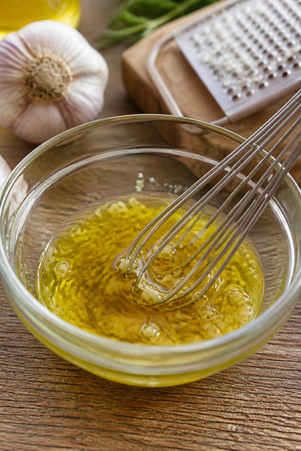 Grated garlic being incorporated into olive oil for flavoring the pizza
